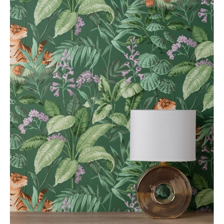 Papel pintado de tigres y hojas tropicales texturizado color verde - Machli 681997