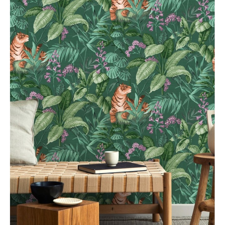 Papel pintado de tigres y hojas tropicales texturizado color verde - Machli 681997