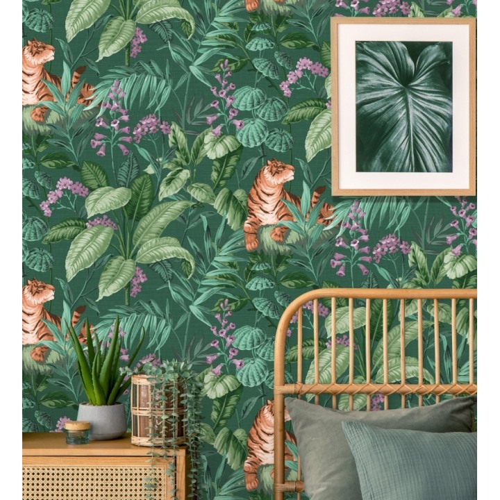 Papel pintado de tigres y hojas tropicales texturizado color verde - Machli 681997