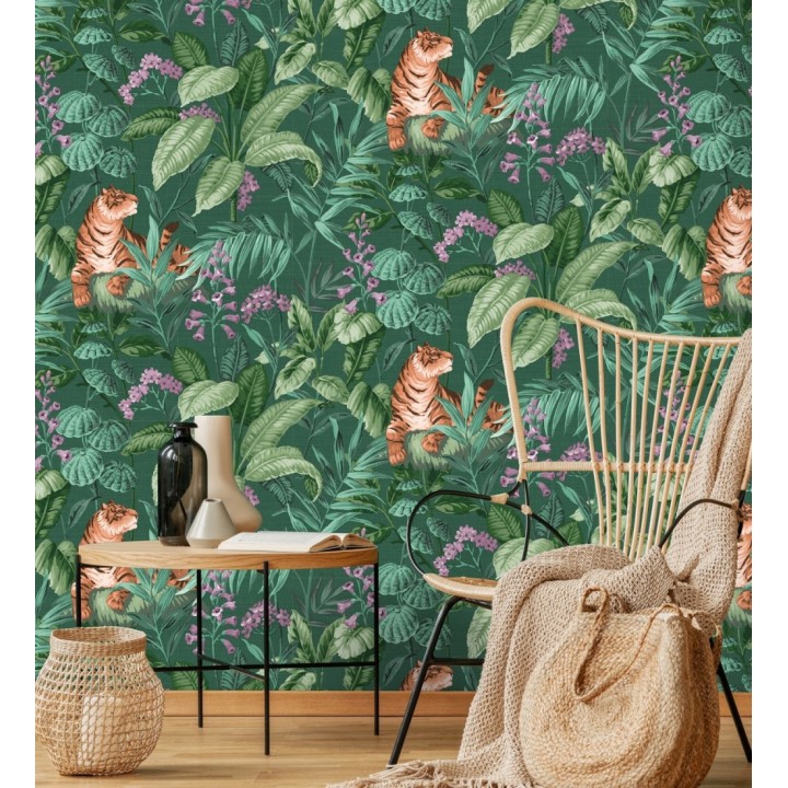 Papel pintado de tigres y hojas tropicales texturizado color verde - Machli 681997