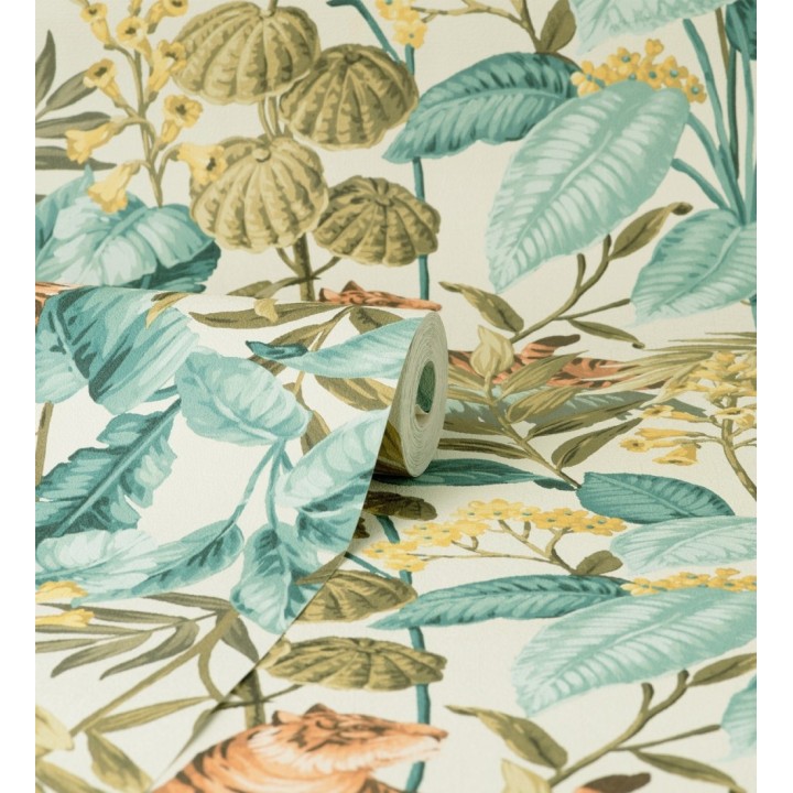 Papel pintado de tigres y hojas tropicales texturizado color blanco roto - Machli 681998