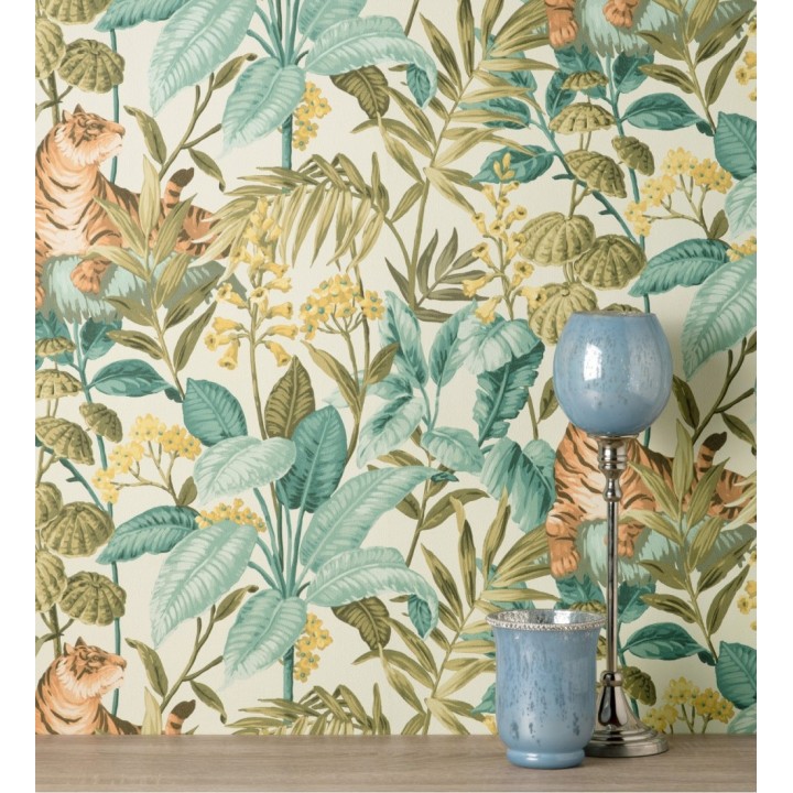 Papel pintado de tigres y hojas tropicales texturizado color blanco roto - Machli 681998