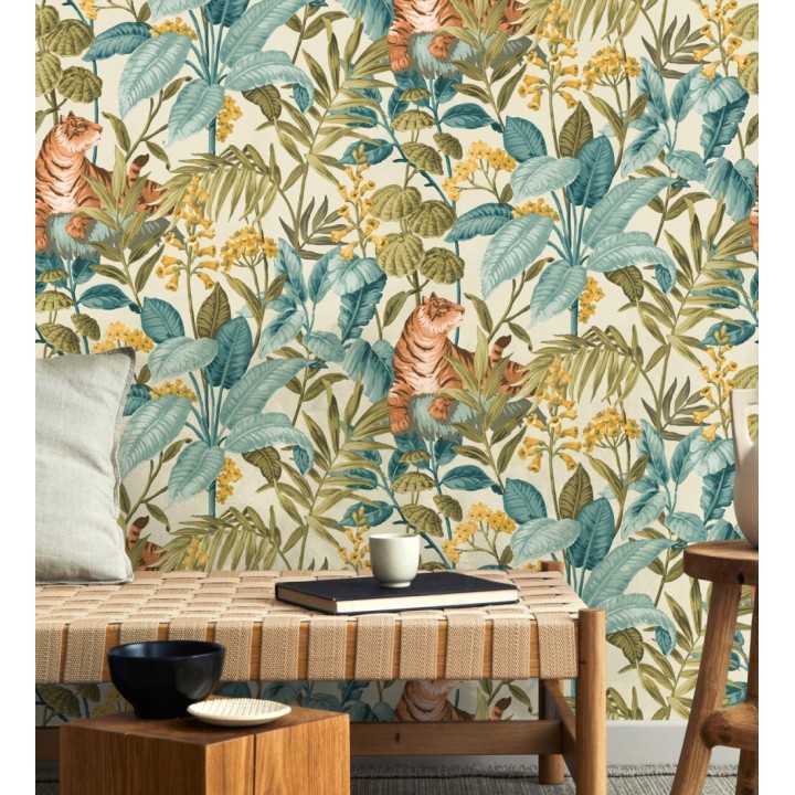 Papel pintado de tigres y hojas tropicales texturizado color blanco roto - Machli 681998