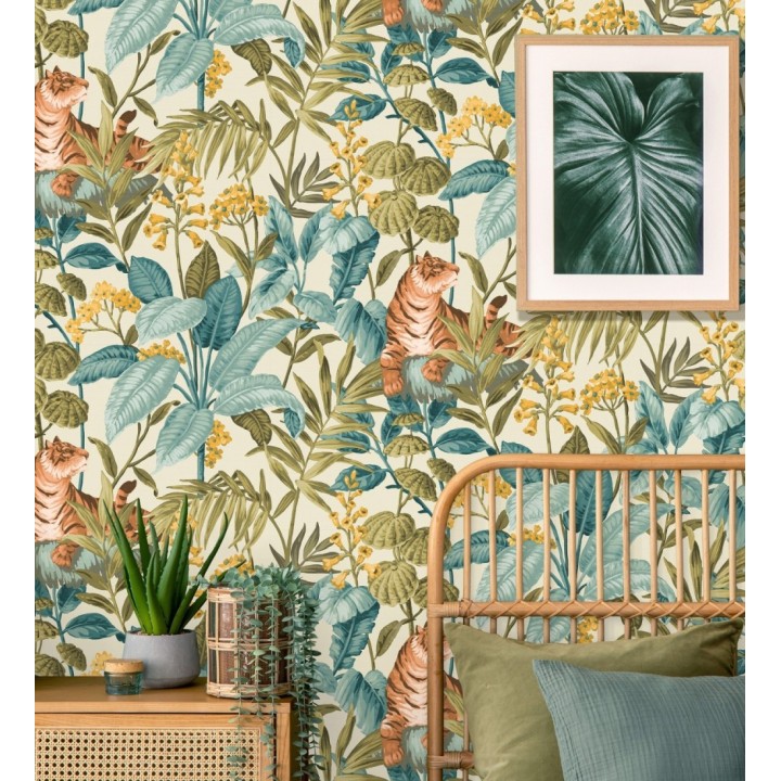 Papel pintado de tigres y hojas tropicales texturizado color blanco roto - Machli 681998