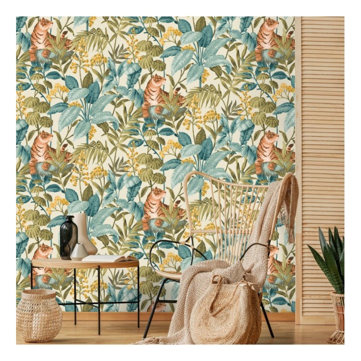 Papel pintado de tigres y hojas tropicales texturizado color blanco roto - Machli 681998