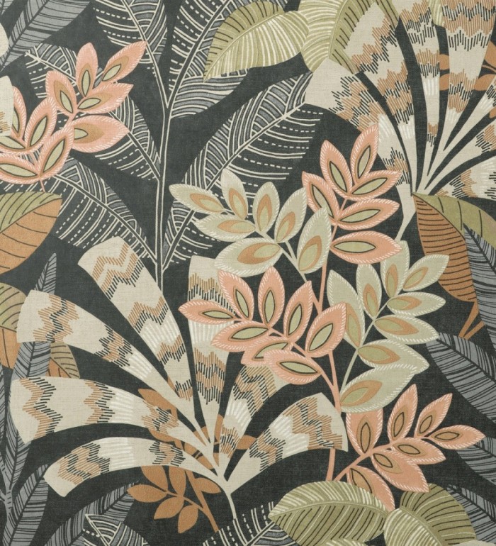 Papel pintado de hojas étnicas fondo negro con texturas estilo tropical - Aruba Palm 681999