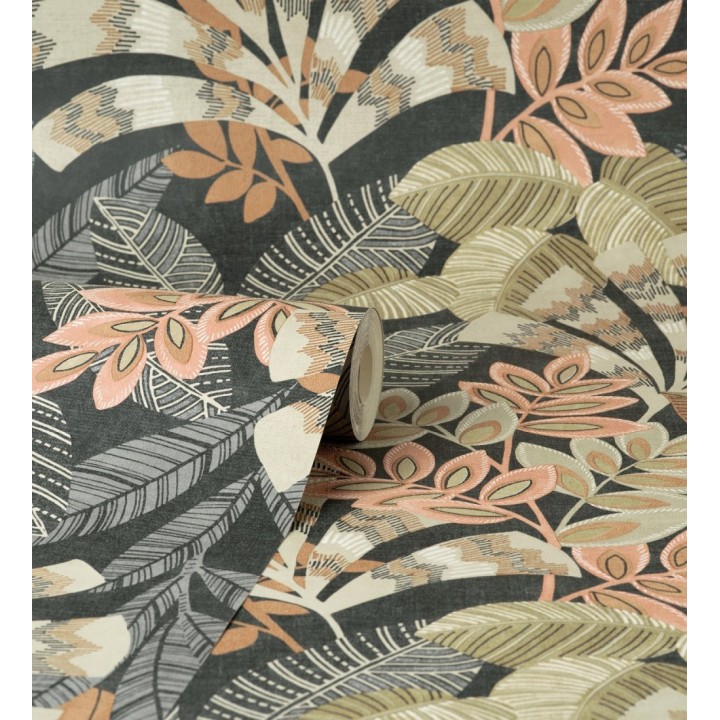 Papel pintado de hojas étnicas fondo negro con texturas estilo tropical - Aruba Palm 681999