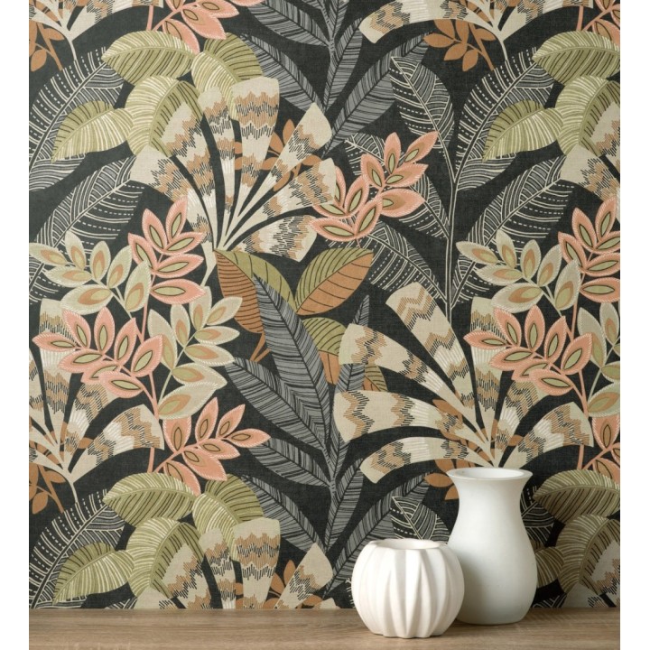 Papel pintado de hojas étnicas fondo negro con texturas estilo tropical - Aruba Palm 681999