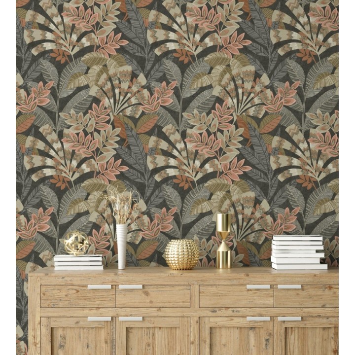 Papel pintado de hojas étnicas fondo negro con texturas estilo tropical - Aruba Palm 681999