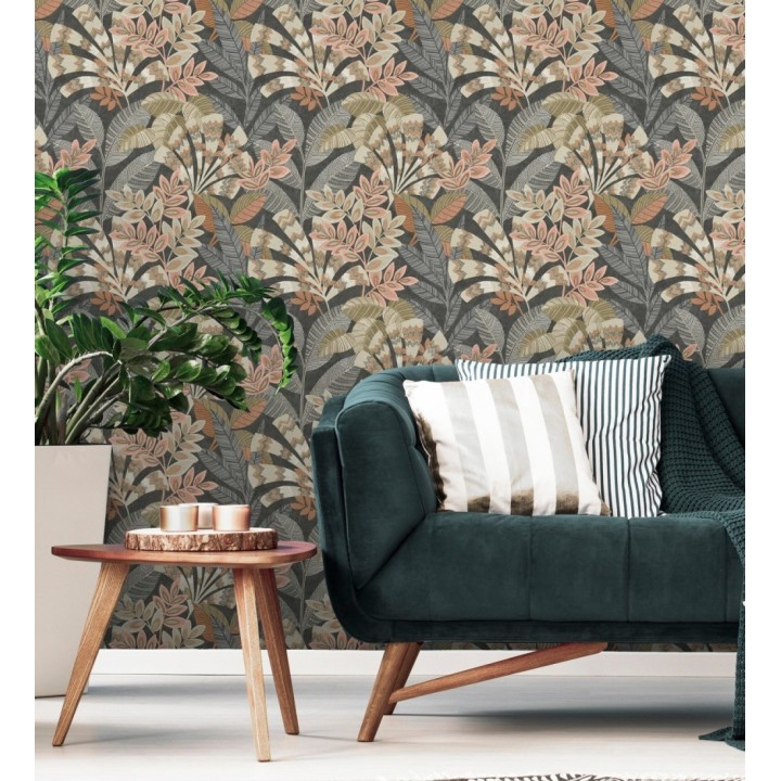 Papel pintado de hojas étnicas fondo negro con texturas estilo tropical - Aruba Palm 681999