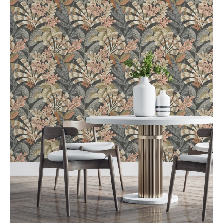 Papel pintado de hojas étnicas fondo negro con texturas estilo tropical - Aruba Palm 681999