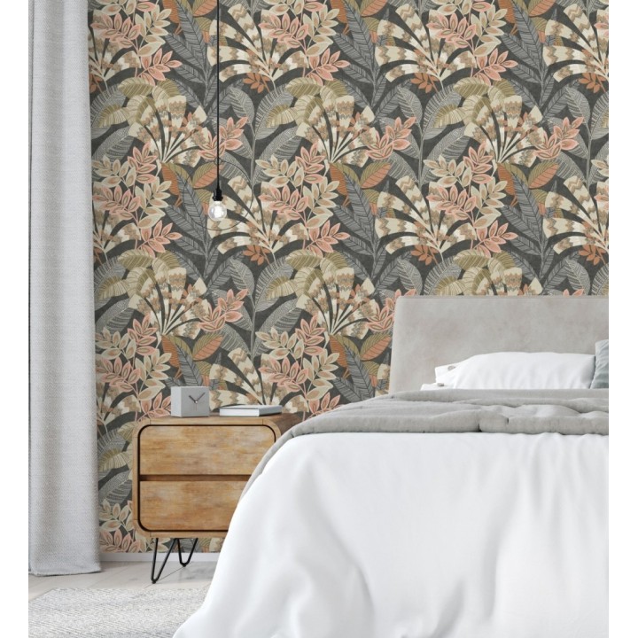 Papel pintado de hojas étnicas fondo negro con texturas estilo tropical - Aruba Palm 681999