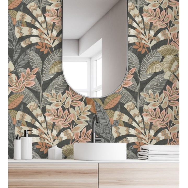 Papel pintado de hojas étnicas fondo negro con texturas estilo tropical - Aruba Palm 681999