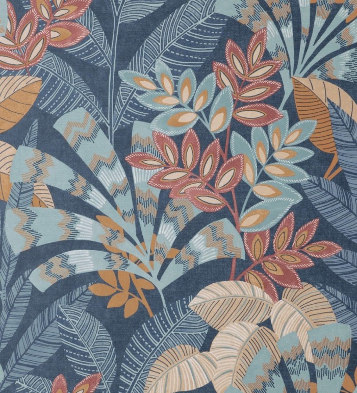 Papel pintado de hojas étnicas fondo azul con texturas estilo tropical - Aruba Palm 682000