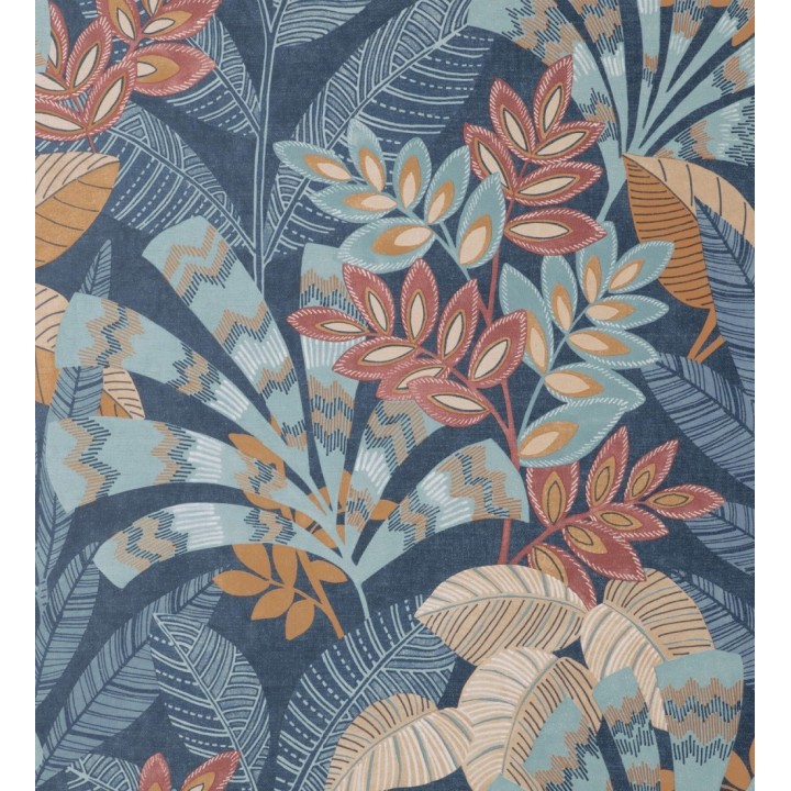 Papel pintado de hojas étnicas fondo azul con texturas estilo tropical - Aruba Palm 682000