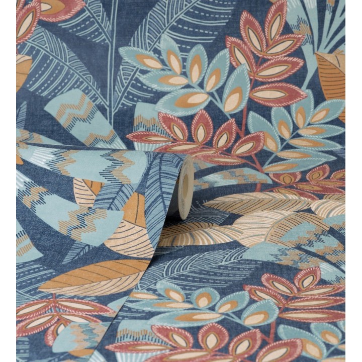 Papel pintado de hojas étnicas fondo azul con texturas estilo tropical - Aruba Palm 682000