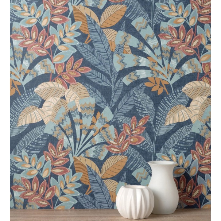 Papel pintado de hojas étnicas fondo azul con texturas estilo tropical - Aruba Palm 682000