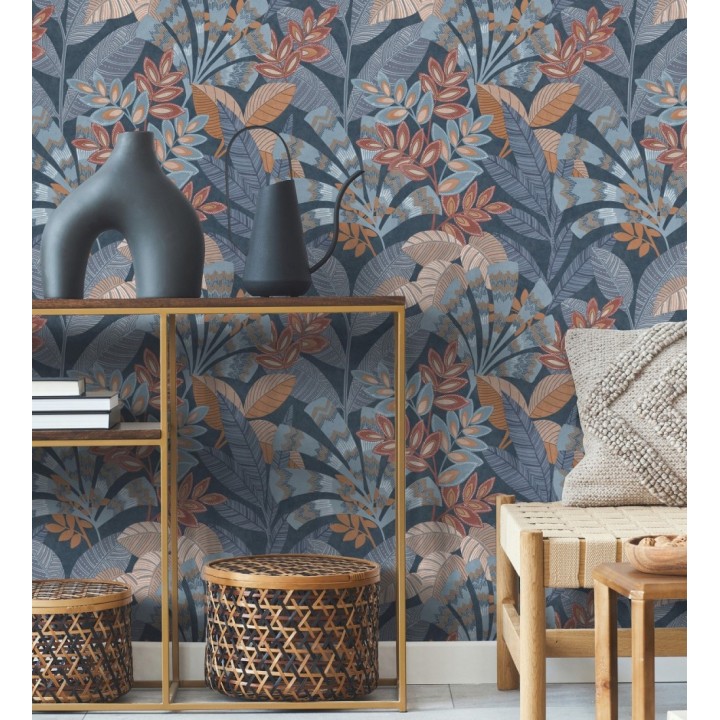 Papel pintado de hojas étnicas fondo azul con texturas estilo tropical - Aruba Palm 682000
