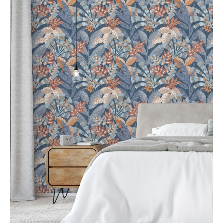 Papel pintado de hojas étnicas fondo azul con texturas estilo tropical - Aruba Palm 682000