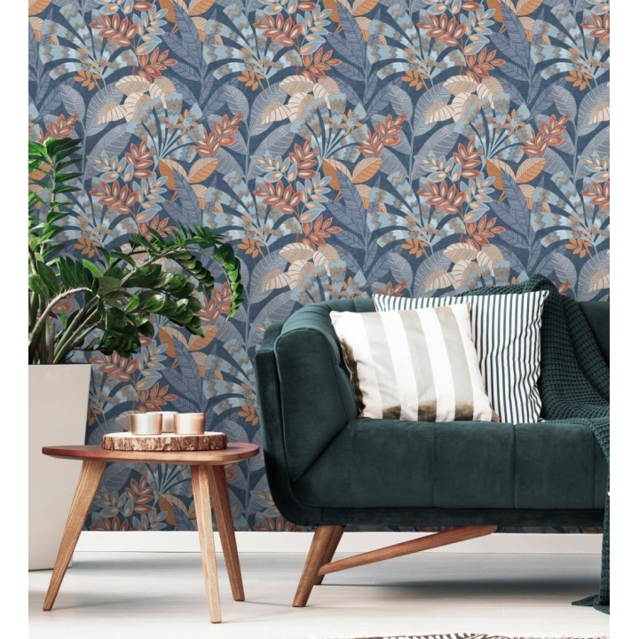 Papel pintado de hojas étnicas fondo azul con texturas estilo tropical - Aruba Palm 682000