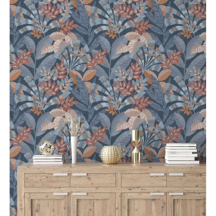 Papel pintado de hojas étnicas fondo azul con texturas estilo tropical - Aruba Palm 682000