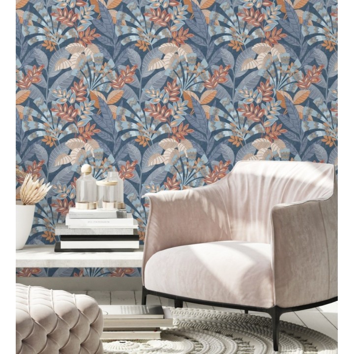 Papel pintado de hojas étnicas fondo azul con texturas estilo tropical - Aruba Palm 682000