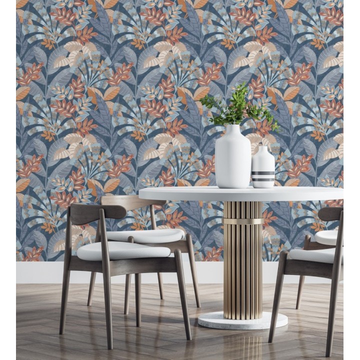 Papel pintado de hojas étnicas fondo azul con texturas estilo tropical - Aruba Palm 682000
