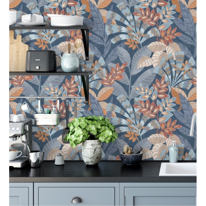 Papel pintado de hojas étnicas fondo azul con texturas estilo tropical - Aruba Palm 682000