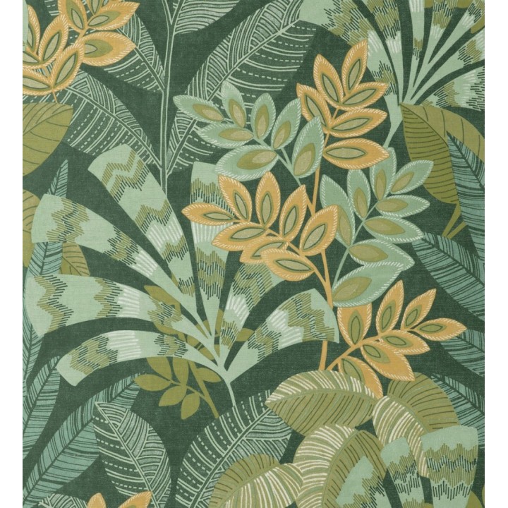 Papel pintado de hojas étnicas fondo verde con texturas estilo tropical - Aruba Palm 682001