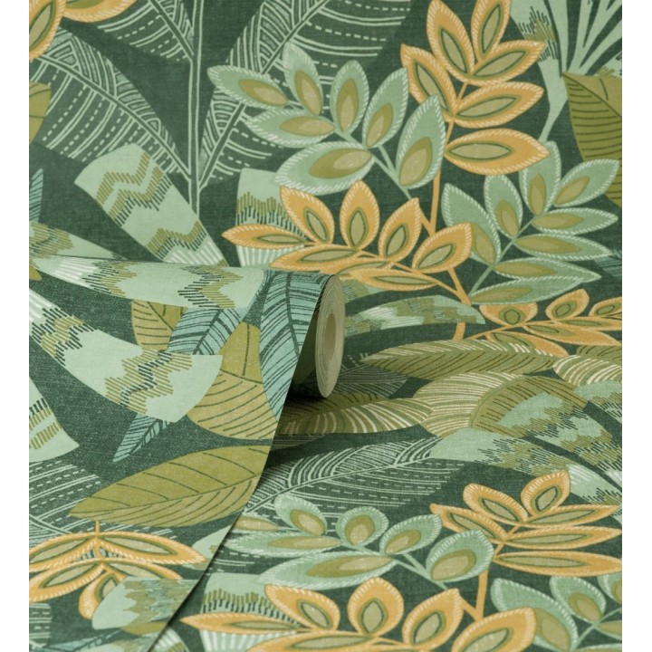 Papel pintado de hojas étnicas fondo verde con texturas estilo tropical - Aruba Palm 682001