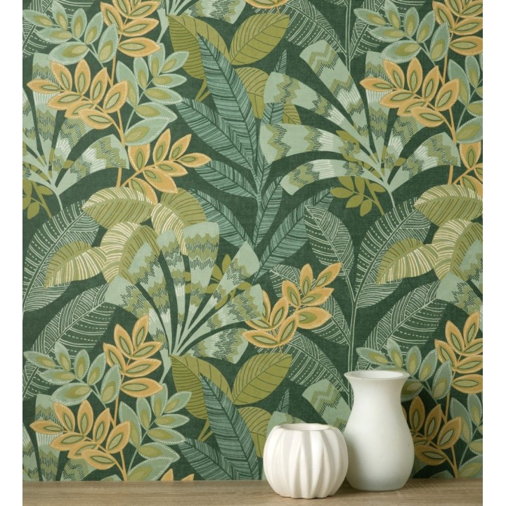 Papel pintado de hojas étnicas fondo verde con texturas estilo tropical - Aruba Palm 682001