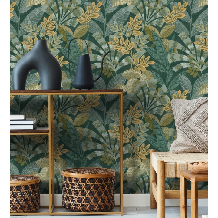 Papel pintado de hojas étnicas fondo verde con texturas estilo tropical - Aruba Palm 682001