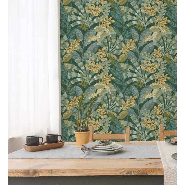 Papel pintado de hojas étnicas fondo verde con texturas estilo tropical - Aruba Palm 682001