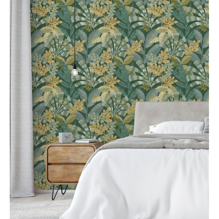 Papel pintado de hojas étnicas fondo verde con texturas estilo tropical - Aruba Palm 682001