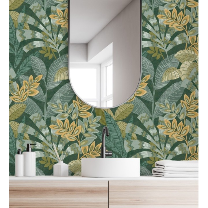 Papel pintado de hojas étnicas fondo verde con texturas estilo tropical - Aruba Palm 682001