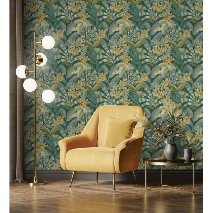 Papel pintado de hojas étnicas fondo verde con texturas estilo tropical - Aruba Palm 682001