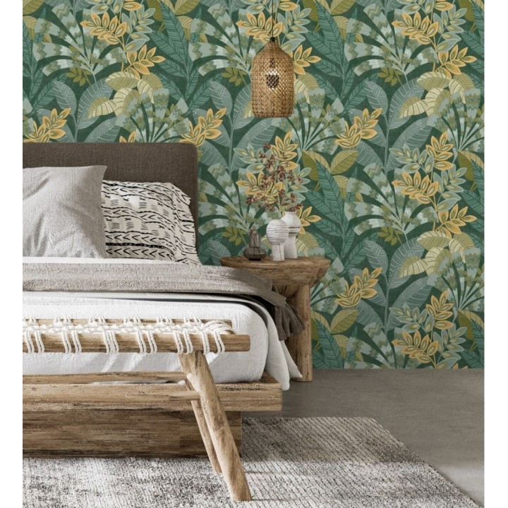 Papel pintado de hojas étnicas fondo verde con texturas estilo tropical - Aruba Palm 682001