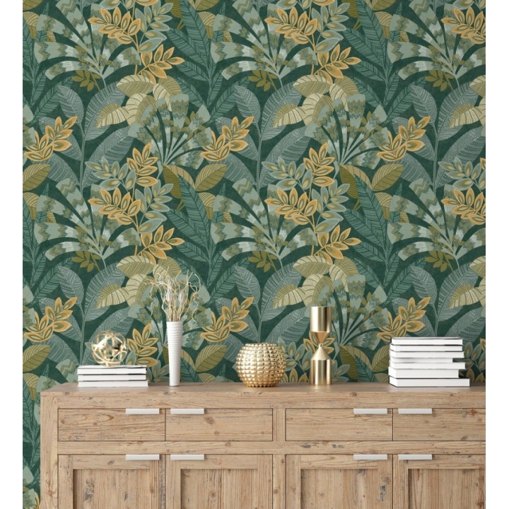 Papel pintado de hojas étnicas fondo verde con texturas estilo tropical - Aruba Palm 682001