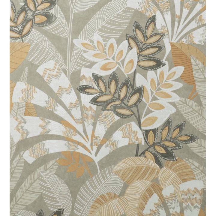 Papel pintado de hojas étnicas fondo gris claro con texturas estilo tropical - Aruba Palm 682002