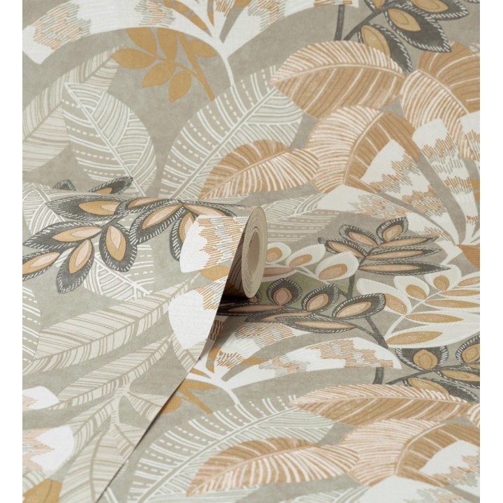Papel pintado de hojas étnicas fondo gris claro con texturas estilo tropical - Aruba Palm 682002