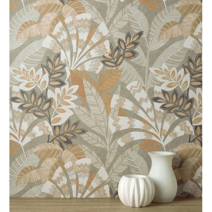 Papel pintado de hojas étnicas fondo gris claro con texturas estilo tropical - Aruba Palm 682002