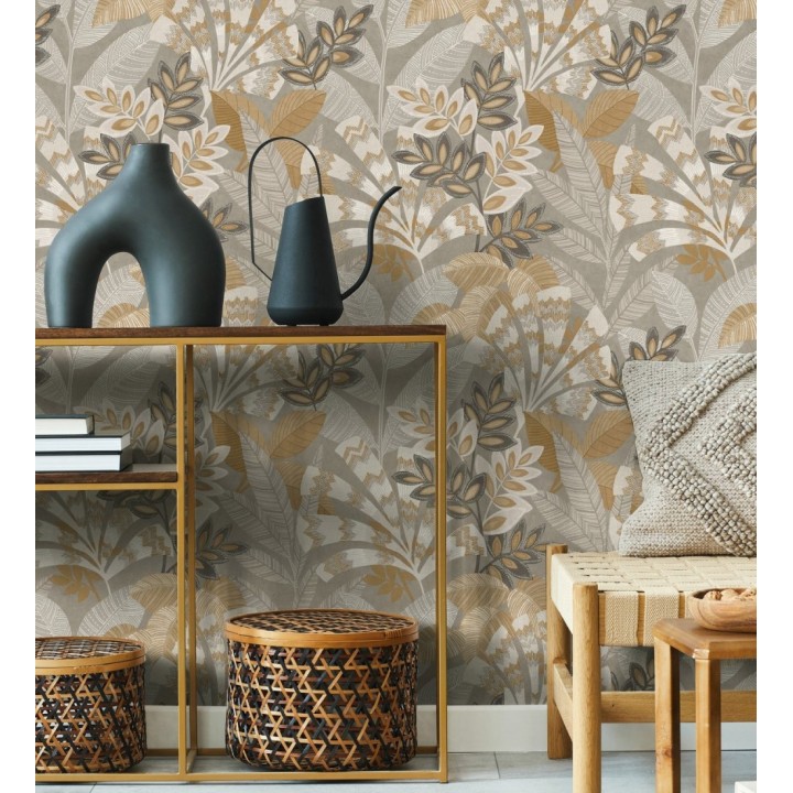 Papel pintado de hojas étnicas fondo gris claro con texturas estilo tropical - Aruba Palm 682002