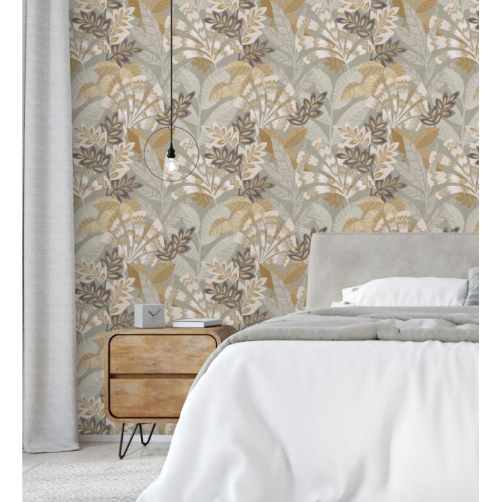 Papel pintado de hojas étnicas fondo gris claro con texturas estilo tropical - Aruba Palm 682002