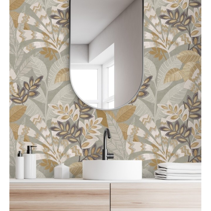 Papel pintado de hojas étnicas fondo gris claro con texturas estilo tropical - Aruba Palm 682002