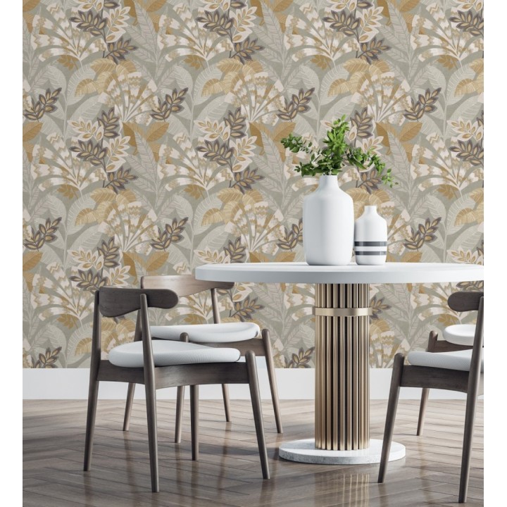 Papel pintado de hojas étnicas fondo gris claro con texturas estilo tropical - Aruba Palm 682002