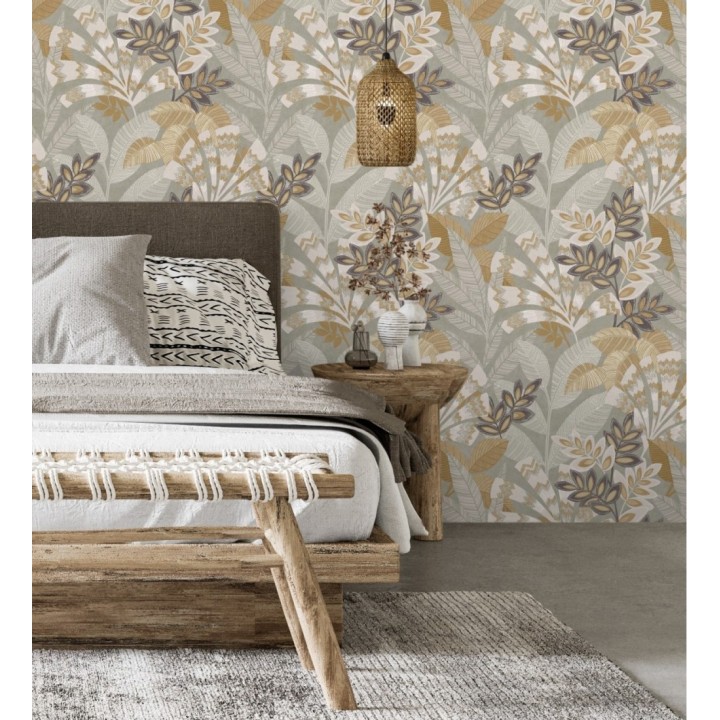Papel pintado de hojas étnicas fondo gris claro con texturas estilo tropical - Aruba Palm 682002