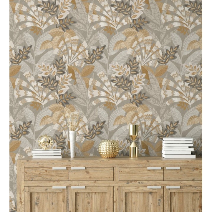 Papel pintado de hojas étnicas fondo gris claro con texturas estilo tropical - Aruba Palm 682002