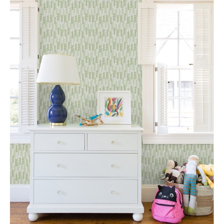 Papel pintado geométrico de puntos y recuadros verdes estilo retro - Evian 682043