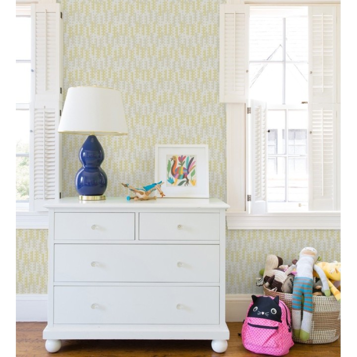 Papel pintado geométrico de puntos y recuadros amarillos estilo retro - Evian 682044