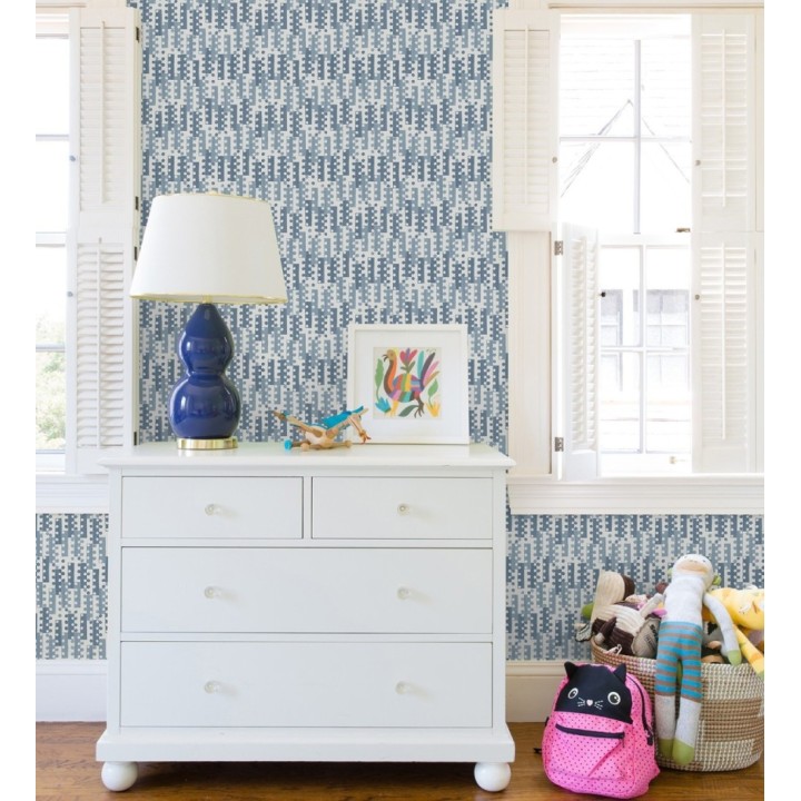 Papel pintado geométrico de puntos y recuadros azules estilo retro - Evian 682045